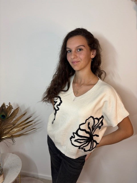Pull fin manches courtes brodé