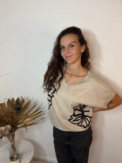 Pull fin manches courtes brodé